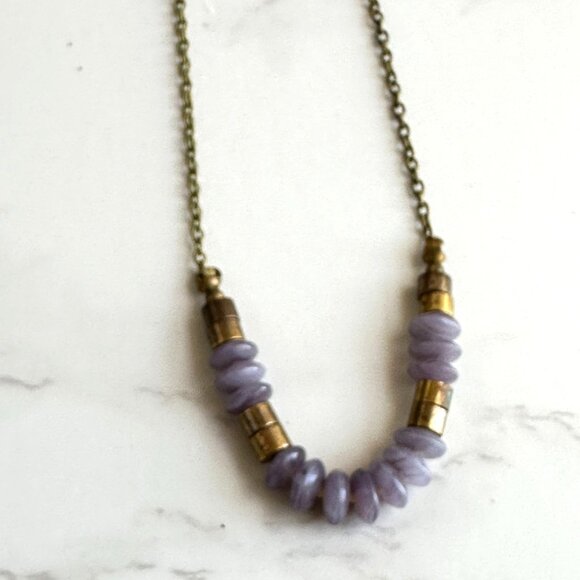 Purple Glass Disc Bead Choker Necklace With Brass Accents 14" Handmade Jewelry - Picture 7 of 8